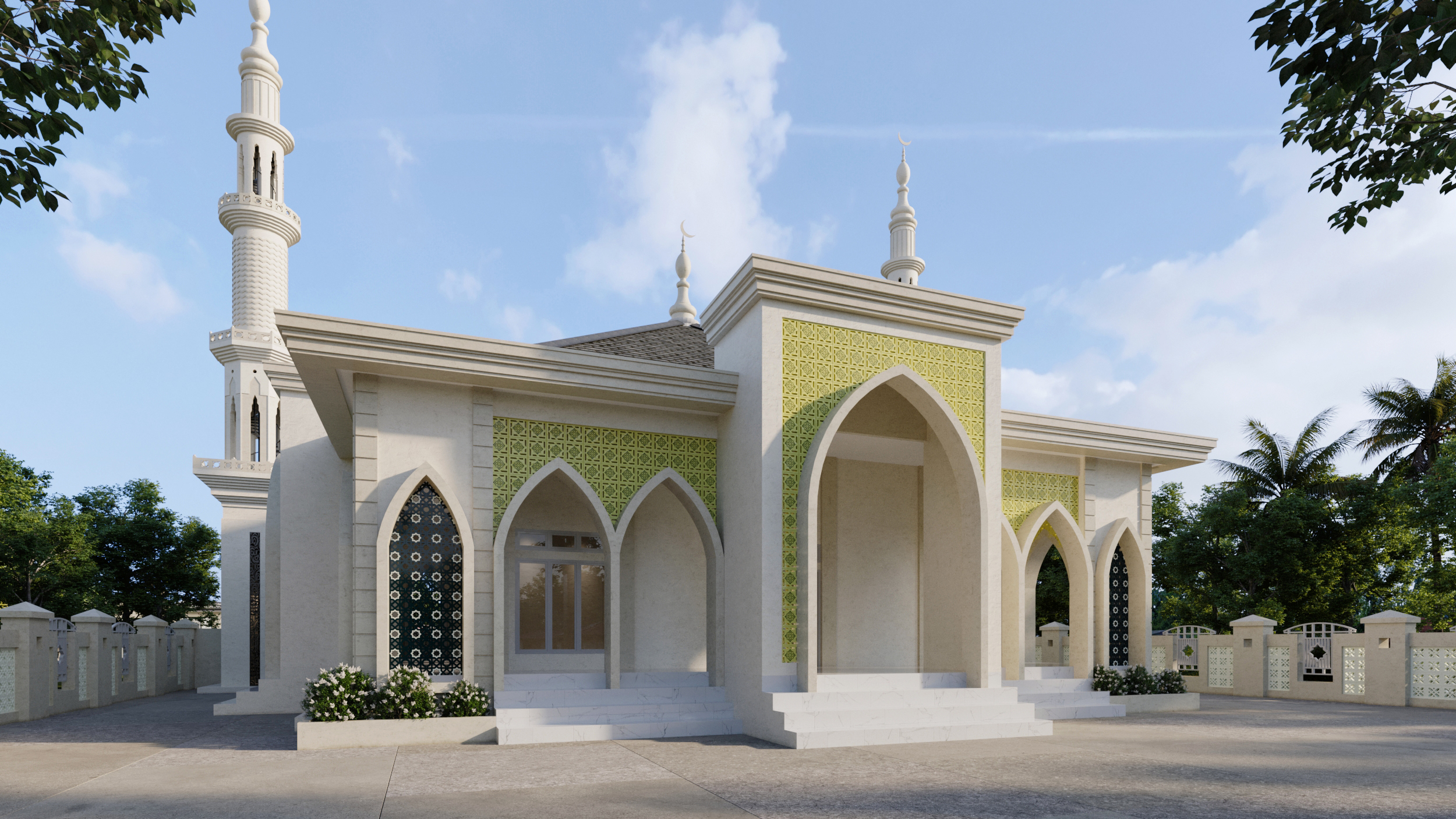 Aplikasi Dinding Aksen Roster Masjid dan Foyer Skylight